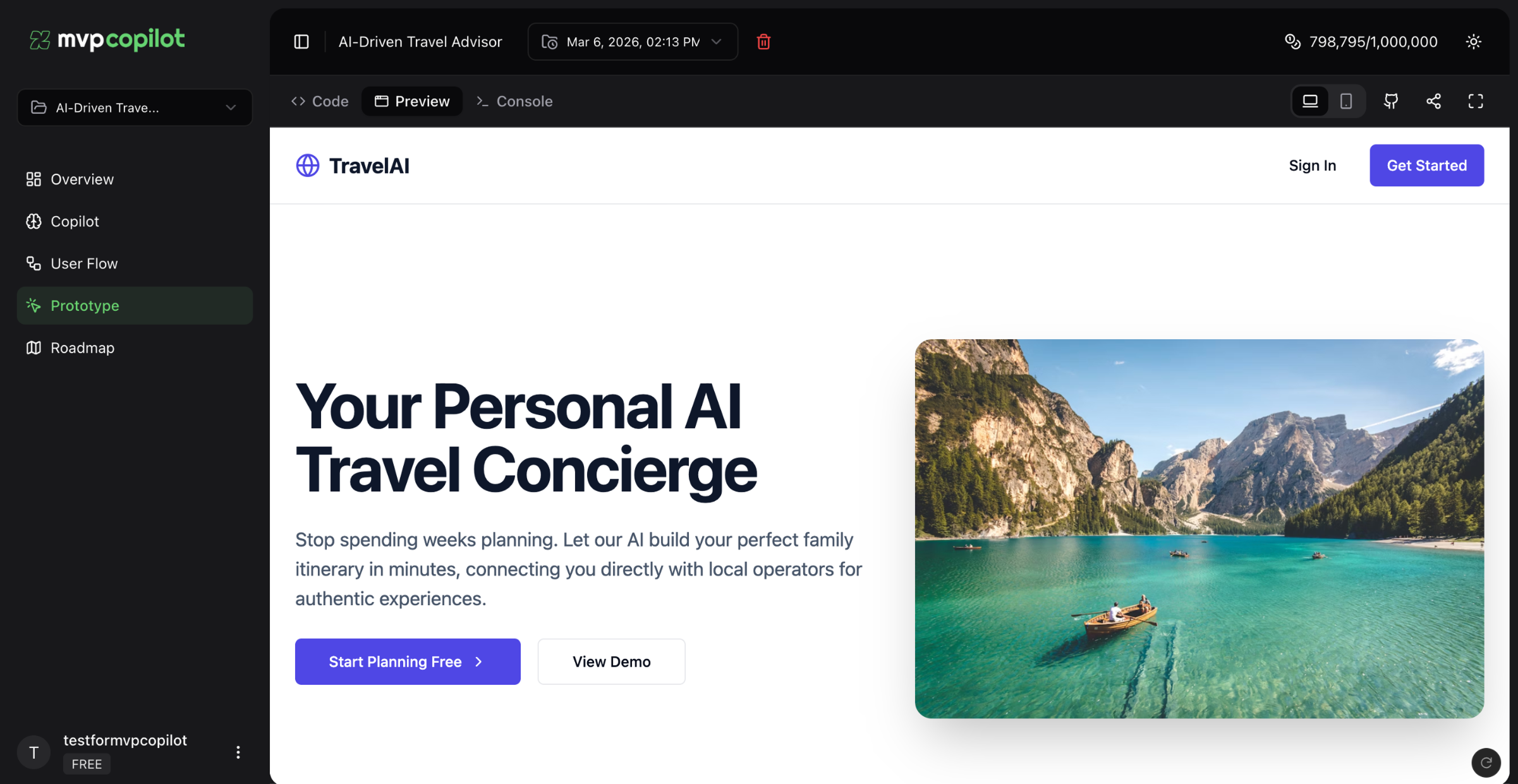 TravelAI landing page preview inside MVP Copilot workspace, showing hero headline, CTA buttons, and scenic travel image.